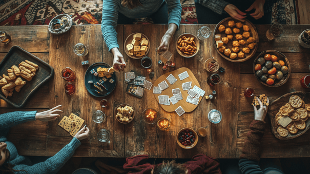 bovenaanzicht van tafel met veel eten drinken en kaartspellen