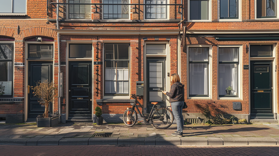 Potentiële huizenkoper beoordeelt de buitenkant van een rijtjeshuis vóór een bezichtiging.