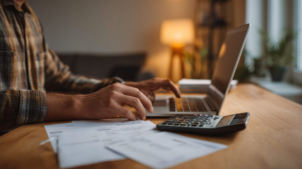 Iemand berekent zijn financiën op een laptop met facturen en een rekenmachine op tafel, passend bij administratie als zelfstandig vakman