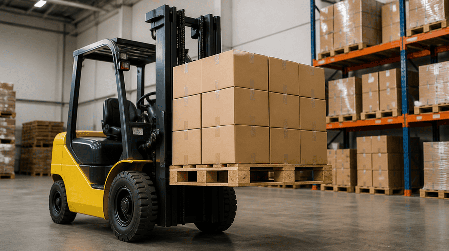 Een heftruck die een pallet met dozen optilt