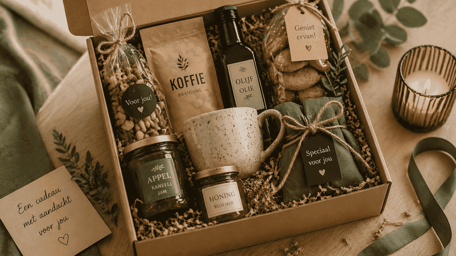 Zelf samengesteld cadeau met koffie, mok en lekkernijen in doos met persoonlijke details