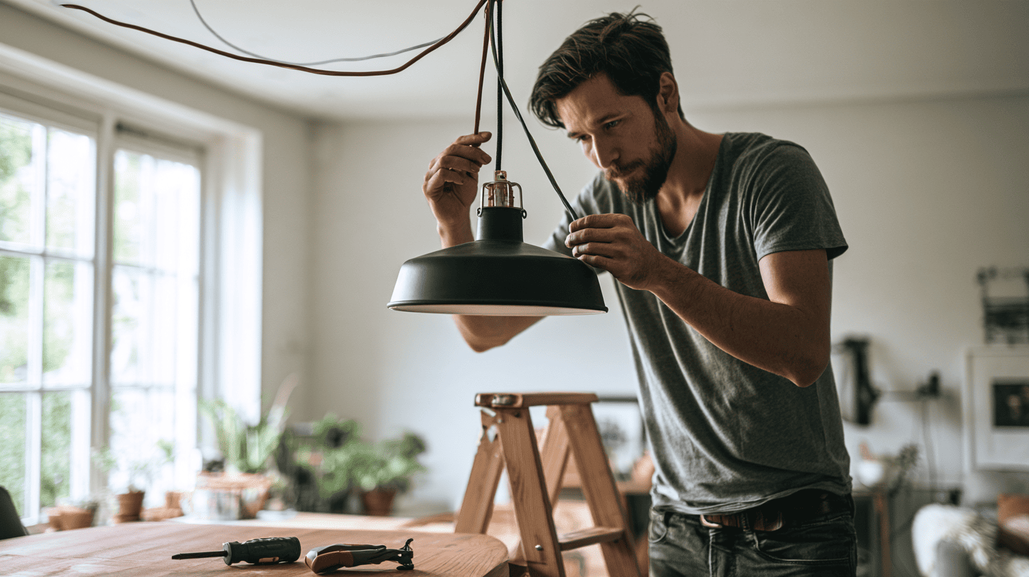 man hangt een hanglamp op