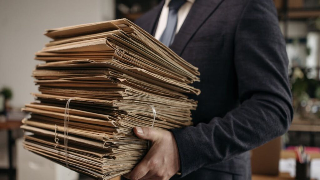 Persoon met stapel papieren dossiers laat zien waarom data organiseren belangrijk is