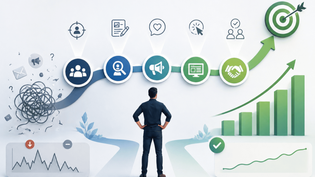 Ondernemer bekijkt digitaal groeipad met iconen en grafieken voor een stabiele stroom aanvragen en voorspelbare groei