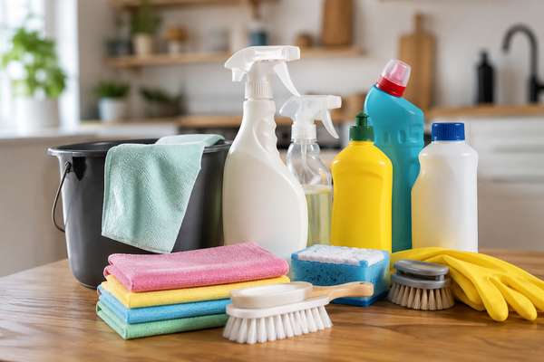 Overzicht van onmisbare schoonmaakartikelen zoals microvezeldoeken, schoonmaakmiddelen, borstels en handschoenen op een keukenaanrecht
