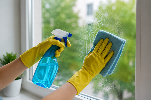 Persoon maakt een raam schoon met microvezeldoek en glasreiniger voor een streeploos en schoon resultaat in huis