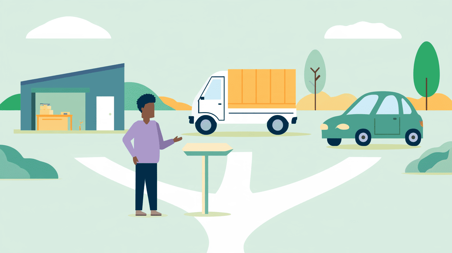Persoon staat bij een wegwijzer met drie praktijkroutes: werkplaats, bezorgbus en oefenauto