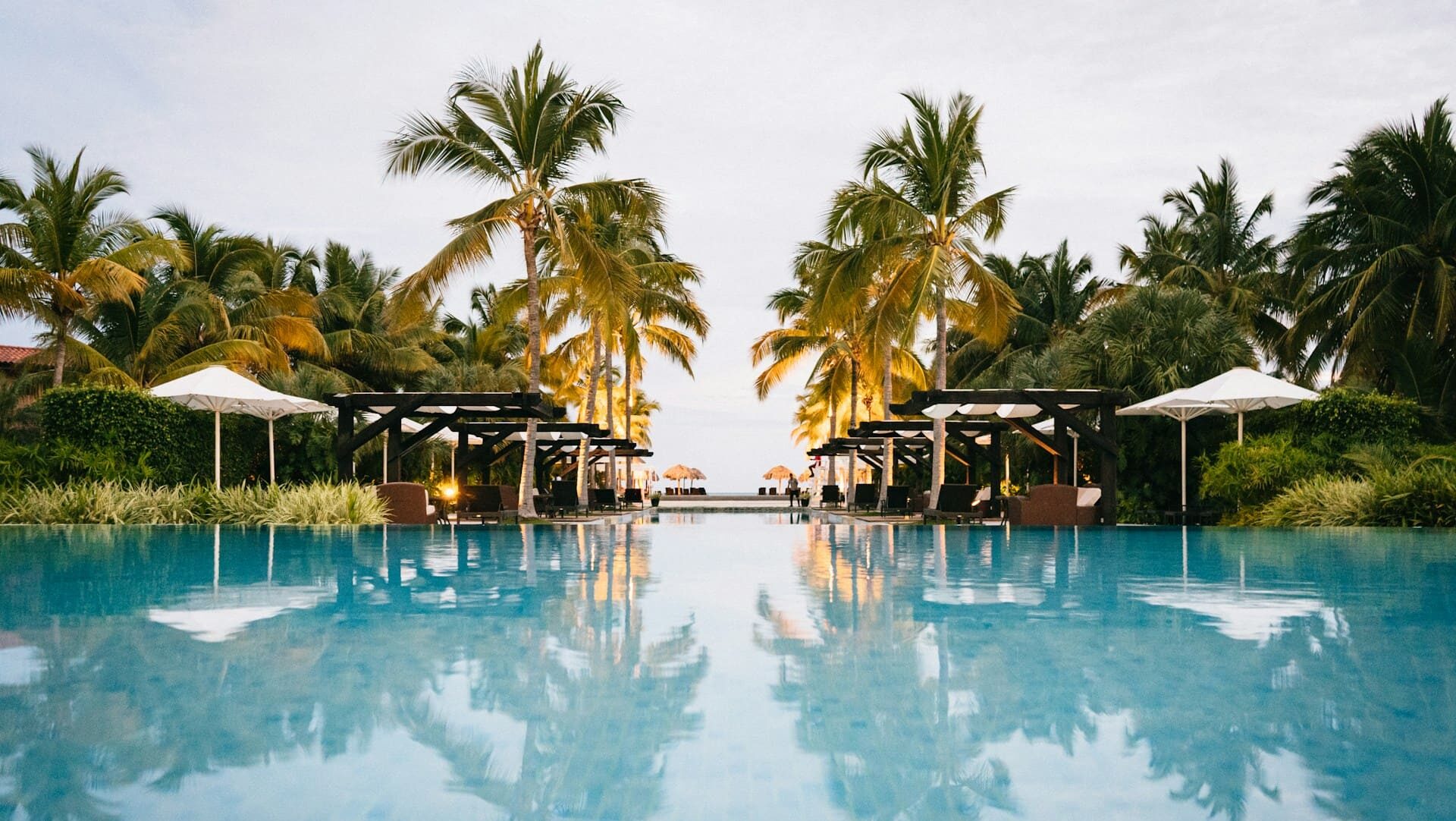 Zwembad bij tropisch resort met palmbomen, voorbeeld van professioneel vakantiehuis beheer