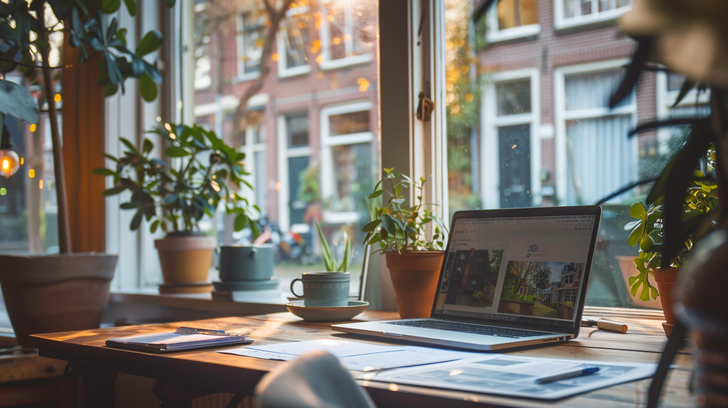 Laptop met woningadvertentie op tafel voor het beoordelen van een woning vóór een bezichtiging.